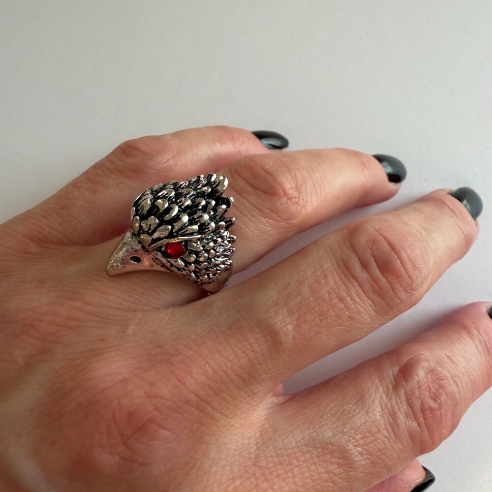 Raven Skull Red Crystal Eye Statement Ring Silver Tone Dark Glam Sz 6
